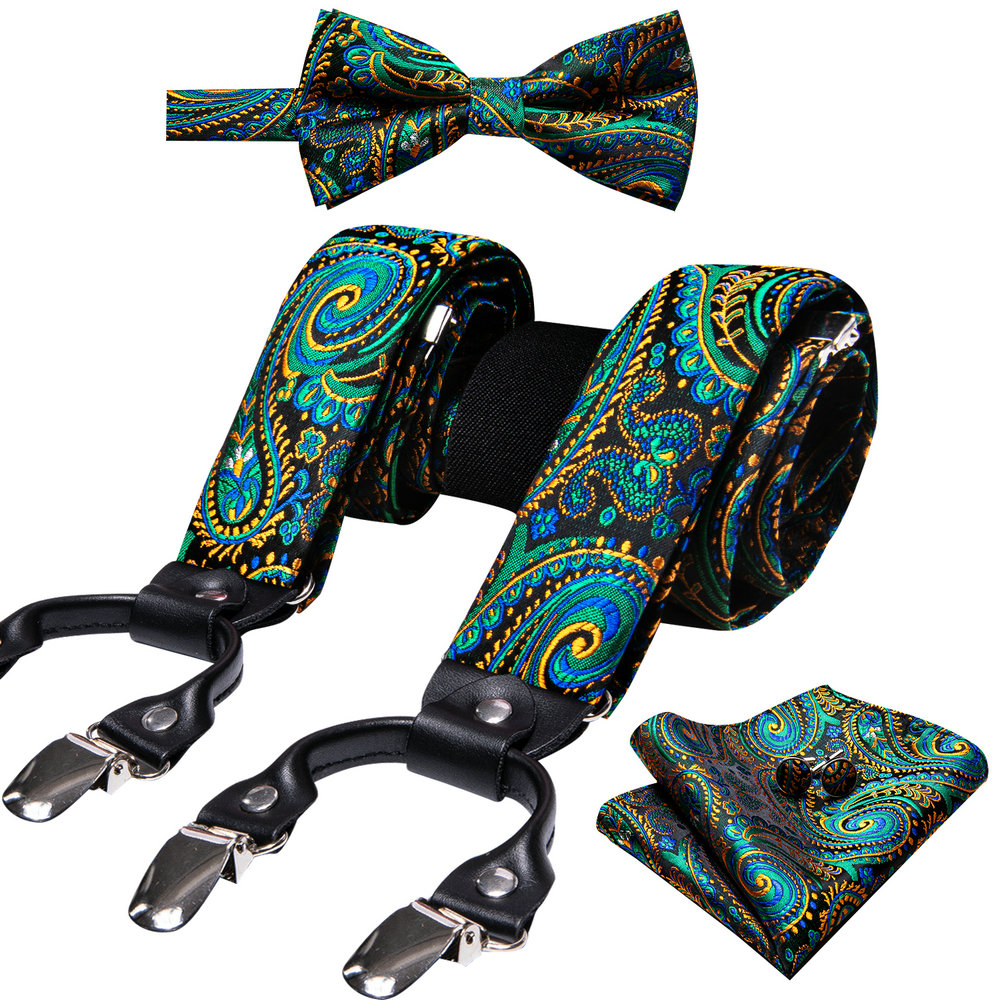 Suspenders Clip Men - Modne Paisley zielona jedwabna męskie szelki