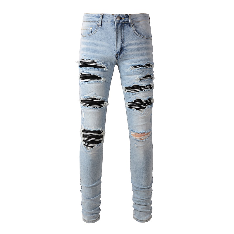 Skinny Jeans Ripped - Męskie czarne plisowane dżinsy motocyklowe Streetwear